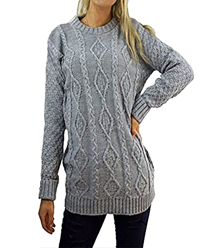 Womens Long Sleeve Crew Neck Chunky Cable Knitted Jumper Pullover