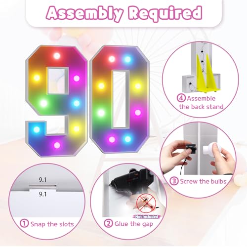 Image of Imprsv Colorful 3FT Marquee Numbers Light up Numbers 90 Birthday Decoration | RGB with Remote, Party Decorations Anniversary Wedding Decorations Assembly Required Foam Board 39 Pcs Accessory Set