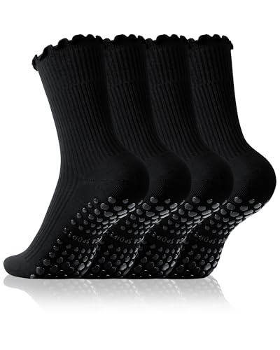 jujucute Black Socks Pilates Socks for Women Cute Ruffle Sock Cotton High Grip Sock Non Slip Grip for Pilates Yoga Barre Workouts Fitness 4 Pairs