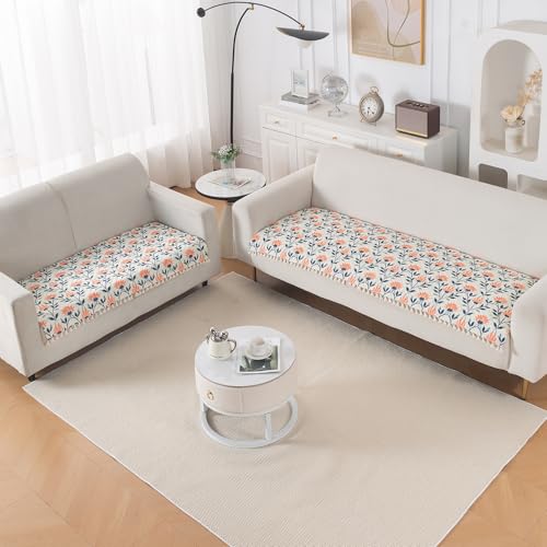Image of HOKIPO Folk Garden Quilted Sofa Cover 5 Seater Set with Tassels - Washable 3+2 Sofa Cover Mat |'Tassel Twigs' Series (IN-985-T9 + IN-983-T9)