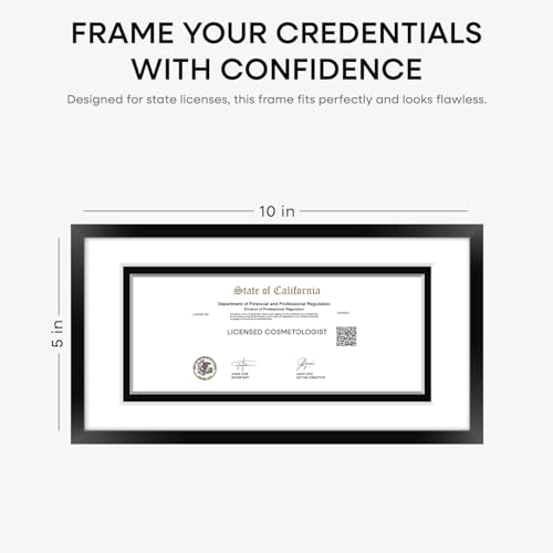 Image of Homeforia 5x10 Business License Frame Black, High End Metal 5 x 10 Document Certificate Frame with Mat 4x9, 5 by 10 Professional License Frames for Wall or Tabletop, Tempered Glass, Wall Kit, Set of 3