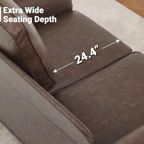 Image of Kingfun Loveseat 2 Seater Couch, Mid Century Modern Faux Leather Sofa with Rolled Arms and Deep Seats, Fluffy Comfort for Living Room, Apartment, Easy Assembly, Cocoa