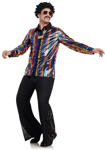 Mens 70s Disco Outfit Retro 70s Costume Bell Bottom Pants Long Sleeve Shirts 70s Wigs Sets for Halloween Party2