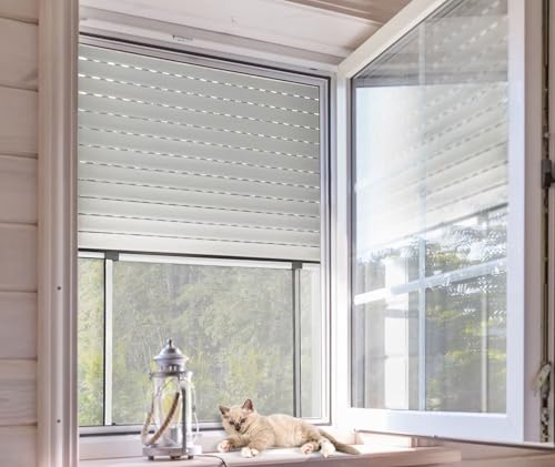 Insektenschutz Schiebefenster Alu Teleskop Fliegengitter für Fenster & Türen mit Rollladen, 100% vormontiert, zum Klemmen ohne Bohren - 50 x 75-142 cm, weiß