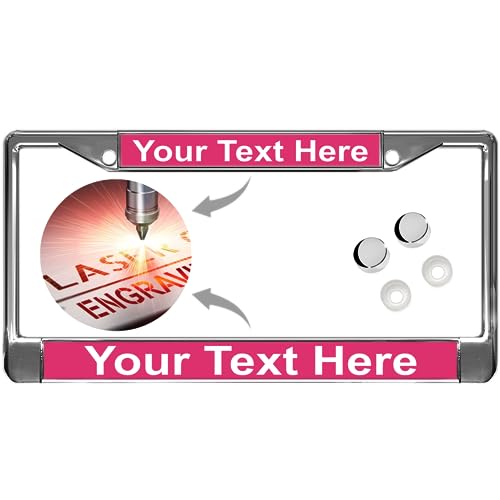 Image of Custom Personalized Chrome-Plated Metal Laser Engraved Standard Size - Car /Automobile License Plate Frame with Free caps - Pink /White Text (Qty: 1 Frame)