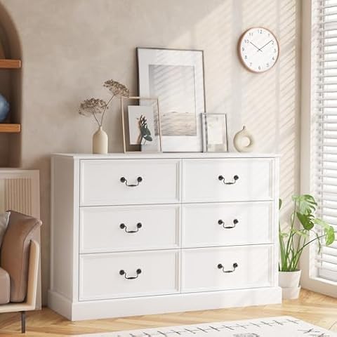 JoanKaren Modern Dresser for Bedroom with 6 Drawers, Wood Dresser Chest of Drawers Organizer Storage, Rustic Tall Dresser Chest of Drawer,Accent Wood Storage Cabinet for Living Room, Hallway, White Cover