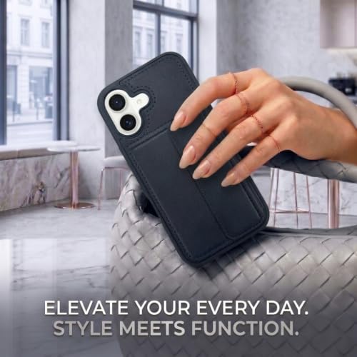 Image of amazon basics Luxury Vegan Leather Back Cover for iPhone 16 | Built-in Card Holder Slot | Integrated Mobile Stand | Slim Shockproof Protective Case with Stitched Finish - Blue