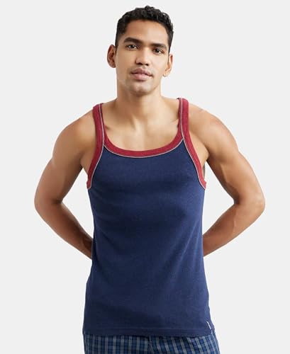 Image of Jockey US54 Men's Super Combed Cotton Rib Square Neckline Gym Vest with Back Panel Graphic Print (Shoulder Starp Color May Vary)