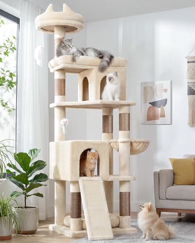Image of Globlazer Heavy Duty Cat Trees for Large Cats, Sturdy 72in Maine Coon Cat Tree for Large Cat 20 lbs+ Heavy Duty Cat Tower for Adult Biggest Cats with 6 Scratching Posts, Hammock, S72, Beige