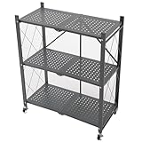 セルタン(Cellutane) 折り畳み収納棚 ダークグレー 3段 幅72cm スチールラック オープンシェルフ キャスター付き 保護フェンス付き NP-DB-3-DGRY