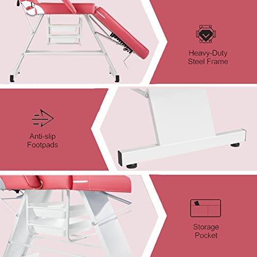 Luxmars Adjustable Facial Chair Massage Bed Professional Tattoo Chair Facial Tabel Bed Chair With Removable Headrest, Professional Esthetician Bed For Salon Spa Beauty Treatmen Rose Red #TOP4