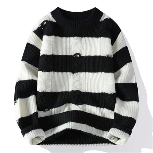Men Hole Decoration Striped Knit Sweater O-Neck Casual Warm Sweaters Hip Hop Slim Fit Knitted Pullovers2