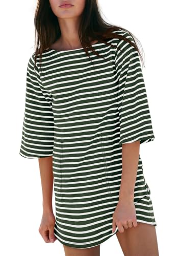Image of Yousify Women's T Shirt Dress Cotton Summer Dresses 2026 Casual Loose Short Sleeve Striped Mini Dress with Pockets