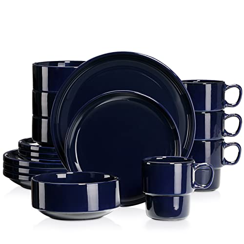 LOVECASA, Porcelain Dinner Set, Dark Blue, 16 Piece Kitchen Dinnerware Service, Plate Ceramic Crockery Set with Dinner Plates, Dessert Plate,Bowls and Mugs, Service for 4
