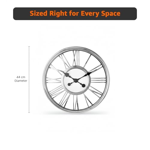 Image of Amazon Basics Large Plastic Wall Clock with Chrome Finish, Skeleton Dial Design, Lightweight & Durable, 44 cm Diameter x 5.7 cm Width, Ideal for Living Room - Silver