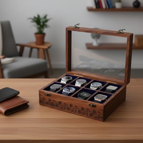 Image of Vintage Wooden Watch Box for Men, Timepiece Storage & Organizer, Display Case, Jewelry Box for Women, Gift for Husband (8 Grooves Engraved (Rosewood))