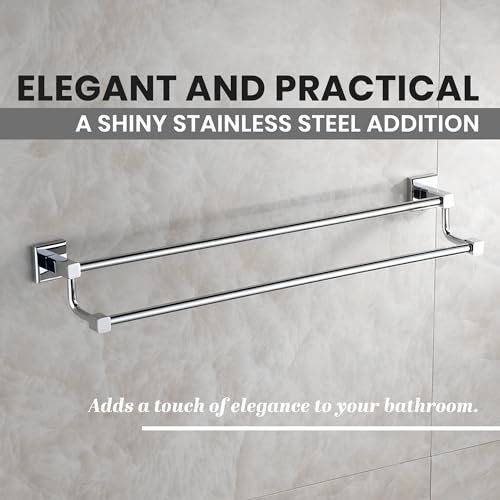 Image of iBELL Stainless Steel Towel Rod 57 cm | Wall-Mounted Double Rail Napkin Holder | Multipurpose Hanger Storage Stand | Bathroom & Kitchen Accessories | Corrosion and Scratch Resistant Towel Rack