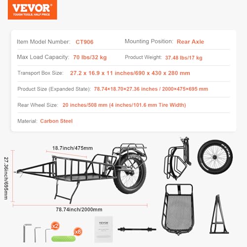 VEVOR Fahrradanhänger, 32 kg Tragkraft, Fahrradanhänger, Schnellverschlusskonstruktion mit Universalkupplung, 50,8 cm Räder, passend für die meisten Fahrradräder, Rahmen aus Karbonstahl