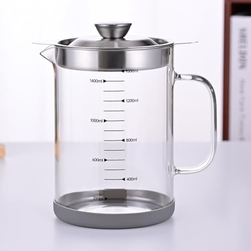 オイルポット 耐熱ガラス製オイルフィルター オイルフィルターは水がこぼれにくい オイルポット ガラス製オイルポット 多機能 大容量 カバー付き 丸ごとお掃除できる オイル収納容器 シンプル (1500ml)