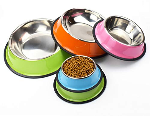 Dog food equipment stainless steel dog bowl non-slip pet bowl teddy golden dog food basin 22 * 30 * 7cm Colored paint bowl (blue)