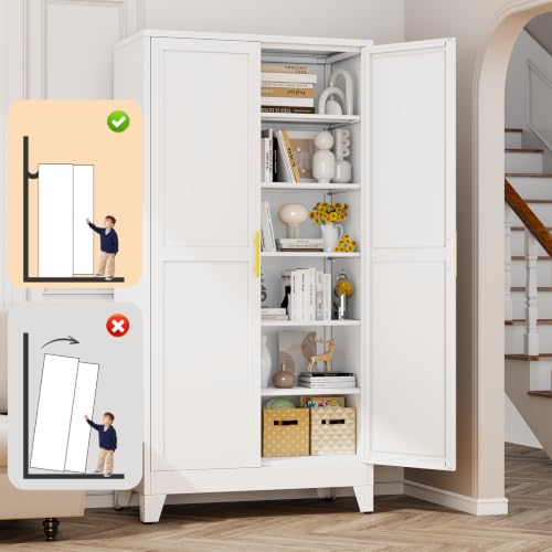 Image of White Metal Storage Cabinet, 79 inch Steel Cabinets for Home Office | Kitchen Pantry Storage Cabinet with Doors, 5 Adjustable Shelves, Metal Pantry Cabinet, for Office, Home, School 40 inch W