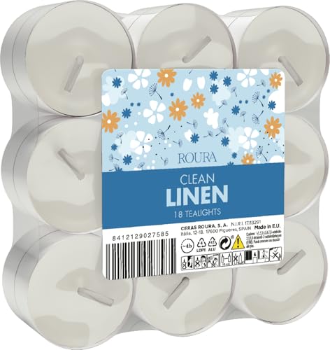 Ceras Roura Clean Linen – Lot de 18 bougies chauffe-plat – Muguet, lilas, notes d'eau et fleur de coton – Parfum frais de lessive – Bougies...