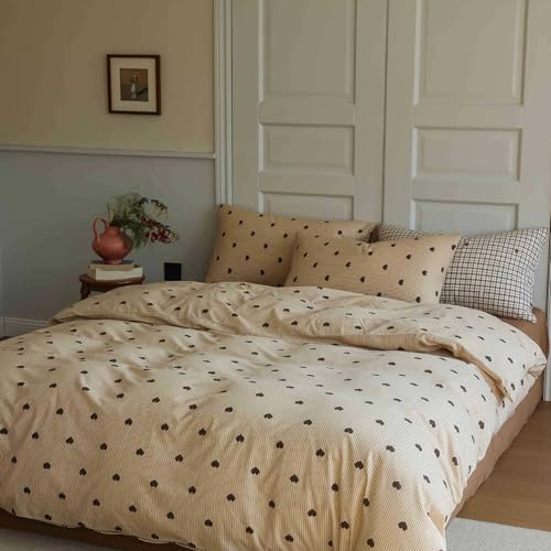 Image of Heart Duvet Cover Full Size Brown Hearts Vertical Ticking Striped Bedding Set Vintage Striped Love Heart Soft Breathable Microfiber Comforter Cover Set with Zipper Closure and 2 Pillowcases