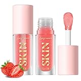 BANGFENG Volumenlippenöl mit großem Pinsel, transparenter Lippenbalsam mit Farbe, feuchtigkeitsspendend, nicht klebrig, frische und glänzende Textur, Erdbeere (Rosa)
