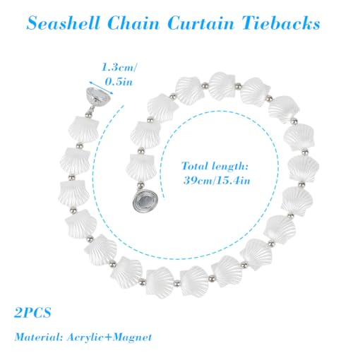 Image of HASTHIP 2Pcs White Seashell Chain Curtain Tiebacks for Heavy Drapery, Magnetic Curtain Holdbacks, Decorative Coastal Curtain Tie Back for Living Room & Bedroom, 40cm