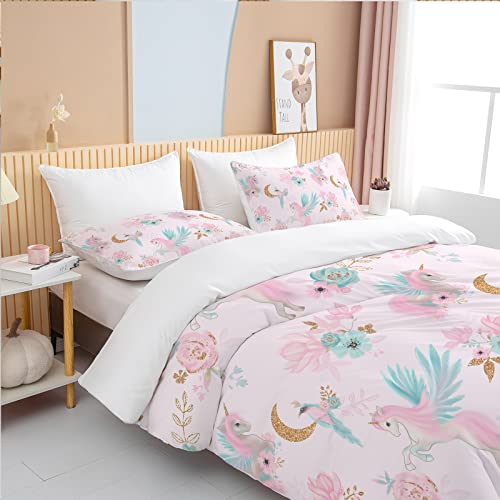 Bedmust Unicorn Duvet Cover Twin - Soft Cute Pink Unicorn Bedding Set With Flowers Leaves And Blue Birds Print Pattern 3 Piece Unicorn Bed Set For Kids Girls Boys (Twin, Gold Moon) #TOP3