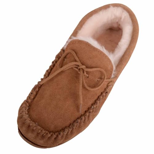 SNUGRUGS Pantuflas tipo mocasín con forro de piel de oveja auténtica para mujer con suela dura, marrón, 39 EU
