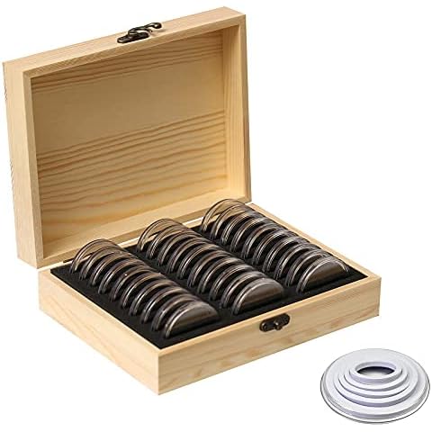 Wooden Coin Capsules Holder, 30 Pieces 46mm Coin Storage Organizer Box with Foam Gasket, 6 Sizes (20/25/30/35/40/46mm) Coins Collector Case for Coin Collection Supplies Cover
