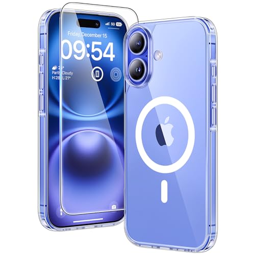TAURI für iPhone 16 Hülle 6,1' mit Panzer Schutz Glas Folie, Kompatibel mit MagSafe, Schutz nach Militärstandard, [Anti-Vergilbung] Stoßfest Magnetisch Handyhülle - Durchsichtig