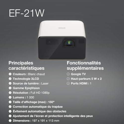 Epson EF-21W Mini Smart Laser Projector | Projecteur Vidéo Portable Full HD, 1920 x 1080p, Haut-Parleur Bluetooth 5W, Projection au Mur, au Sol ou au Plafond, 1000 Lumens, Google TV | 150", Blanc