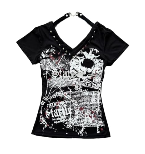 Womens Y2K Skull Gothic Graphic T-Shirt Vintage Slim Fit Grunge