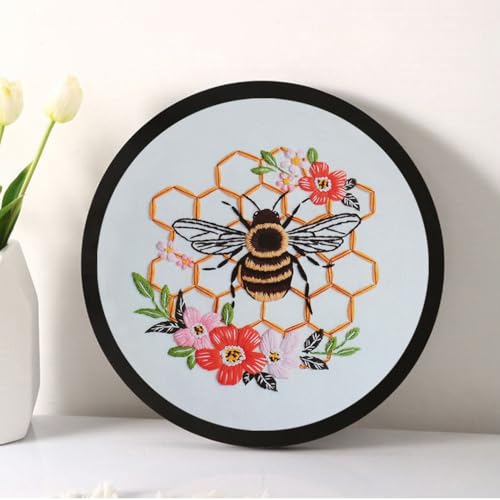 Image of Effaci Embroidery Starter Kit for Adult Beginner - Bee Hive Flower Pattern Hand Embroidery Set with Hoop, Needle, Threader, Floss and Instructions