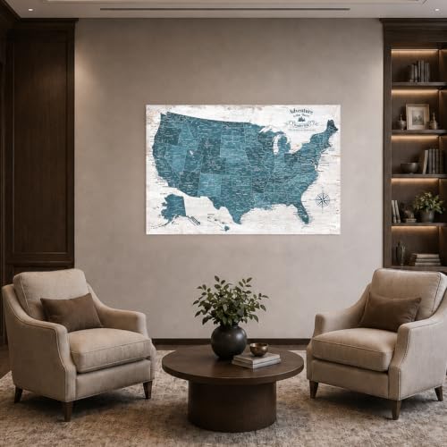 Image of IPIC Antique Blue US Travel Map with Pins, USA Map Pin Board, Size 42x28 in