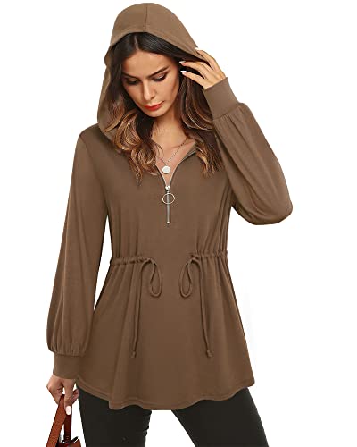Vivilli Winter Tops For Women Hoodie Tunic For Women Ladies Cotton Warm Tops V Neck Quarter Zip Tunics For Leggings Womens Empire Waist Long Sleeve Sweater Tops For Work Wear Coffee L #TOP2