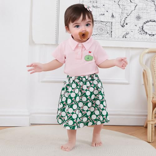 Toddler Girl Golf Outfit Short Sleeve Hole in One Polo Shirt and Golf Print Mini Skirt Set 6 12 18 24M 2 3 4T3