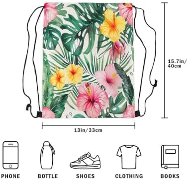 Castle Fairy Tropical Flower Leaves Drawstring Backpack Monstera Palm Leaves Sackpack for Gym Sports,Watercolor Botanical Water Resistant String Bag,Pink Green Yellow,13"X16" - 4