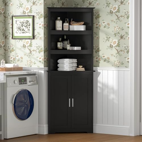 Image of TEENFON Corner Cabinet, Tall Corner Hutch with 5 Shelves & 2 Doors, Bathroom Cabinet with Adjustable Shelf, for Living Room, Kitchen, Bathroom, Black