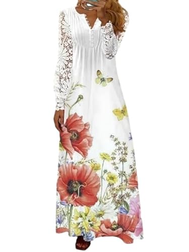 Women's Red Floral V Neck Maxi Dress with Long Lace
