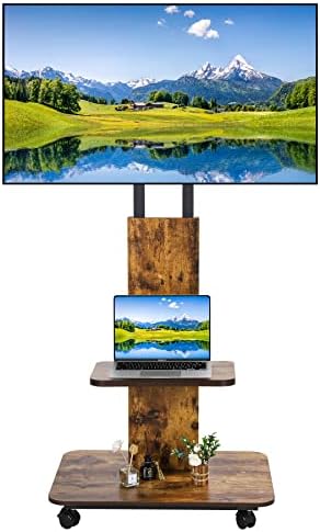 Hellsehen Wood Rolling TV Stand Mobile TV Cart with Locking Wheels for 32-65 Inch LCD LED OLED Flat Panel Screens with Laptop Shelf Portable Outdoor Floor Stand Height Adjustable for Home Office