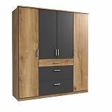 lifestyle4living Kleiderschrank in Planken-Eiche, Graphit-Grau, 180 cm | Drehtürenschrank mit 4 Türen, 3 Schubladen, 2 Kleiderstangen, 4 Einlegeböden im modernen Stil