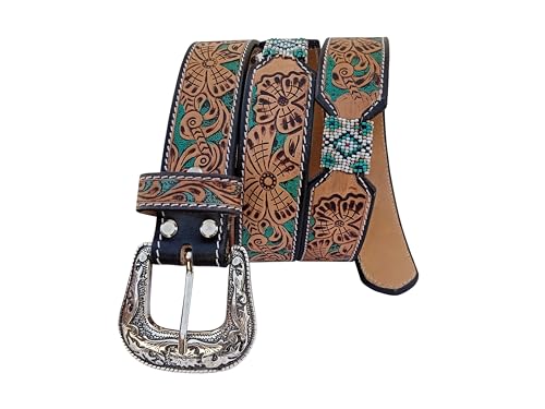 Handcrafted Western Leather Belt Floral Design, Turquoise Paint, Beaded & Accents 30IS0193