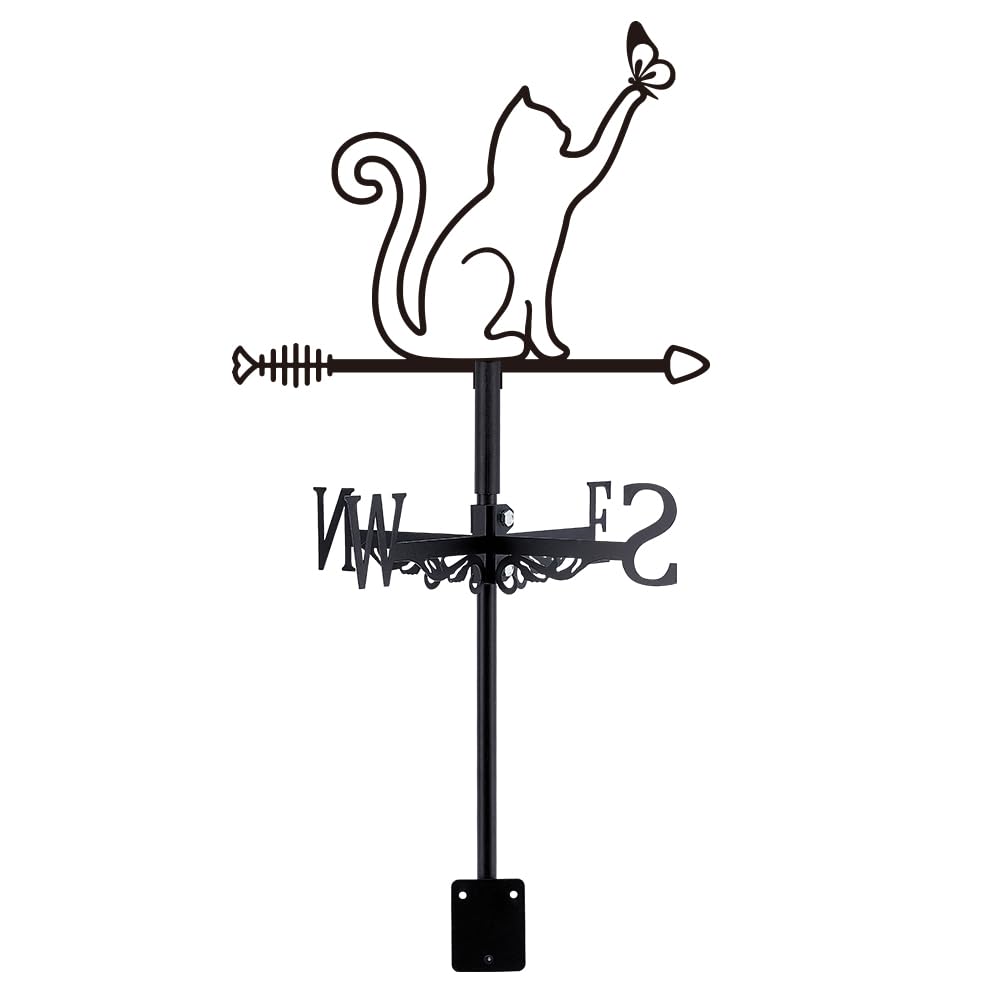 SUPERDANT Cat Silhouette Weather Vane Cat Catch Butterfly Metal Weathervane Windvanes Black Weathercock Decorative Wind Direction Signs for Sheds Outdoor Garden Roof Decor