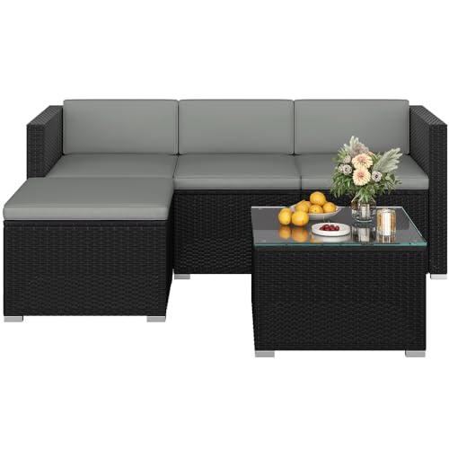 Yaheetech Salon de Jardin Exterieur 4 Personnes en Polyrotin Ensemble Mobilier de Jardin 5 Pièces avec 3 Canapé Modulables 1 Table Basse 1 Ottomane pour...