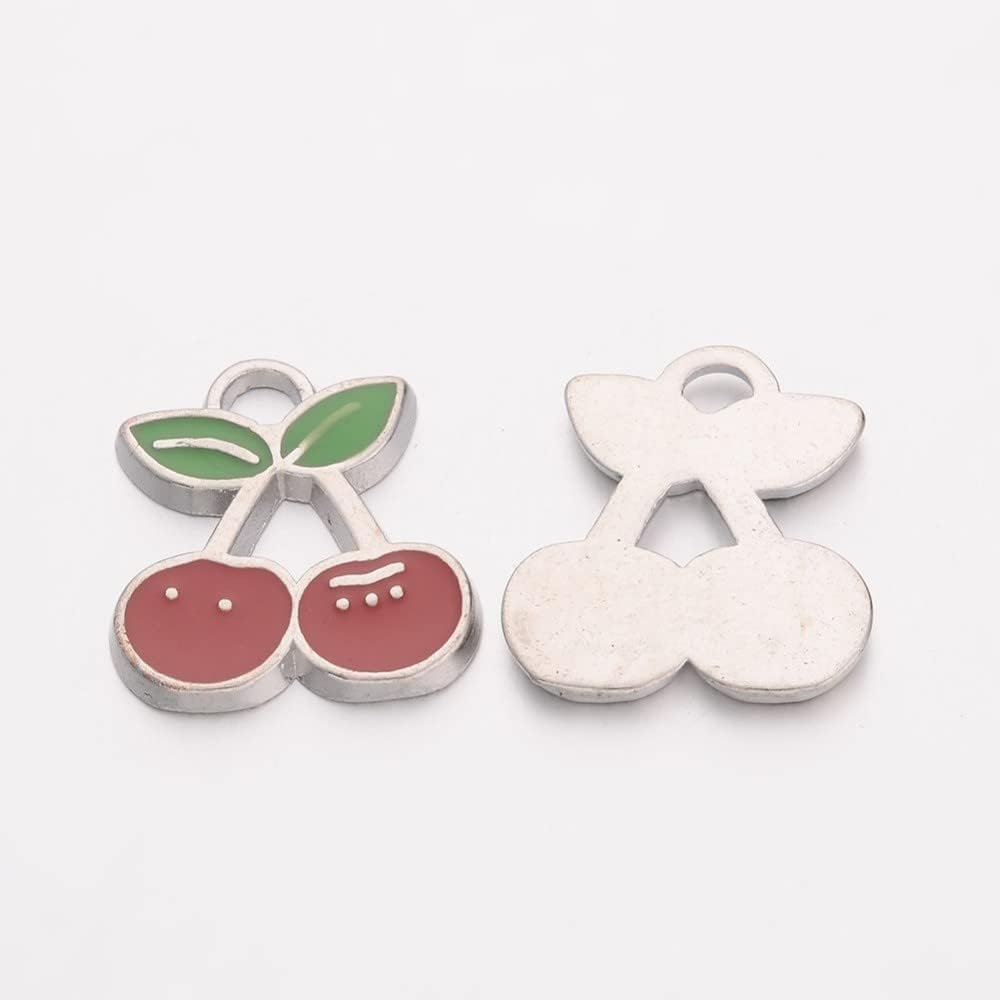 Ornazy 10Pcs Flat Cherry Metal Dangle Pendants 18x16.5mm Red Enamel Fruit Charms Ornament for Jewelry Making Necklace - Image 2