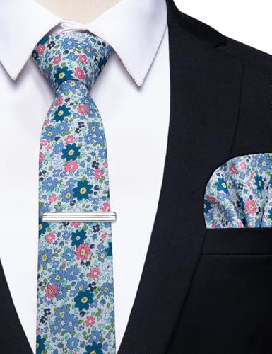 Image of YourTies Cotton Floral Tie for Men 2.5 inch Printed Skinny Necktie Pocket Square Tie Clip Set Flower Wedding Party Groom