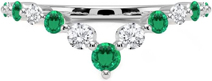 Alternate Green Emerald & White Diamond Chevron V Shape Wedding Band For Women, 14k Gold Finish Green Emerald Matching Contour V Shape Ring